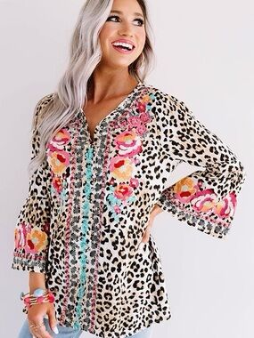 Savanna Jane Leopard Print Tunic with Floral Embroidery and Bell Sleeves - Small